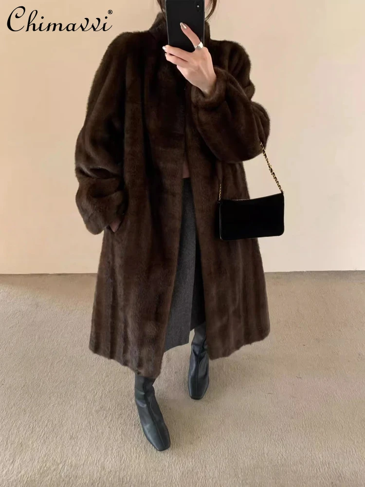 خريف شتاء جديد الراقية أنيقة ضئيلة طويلة الوقوف طوق معطف فرو المنك موضة كم طويل دافئ سميكة الفراء سترة علوية