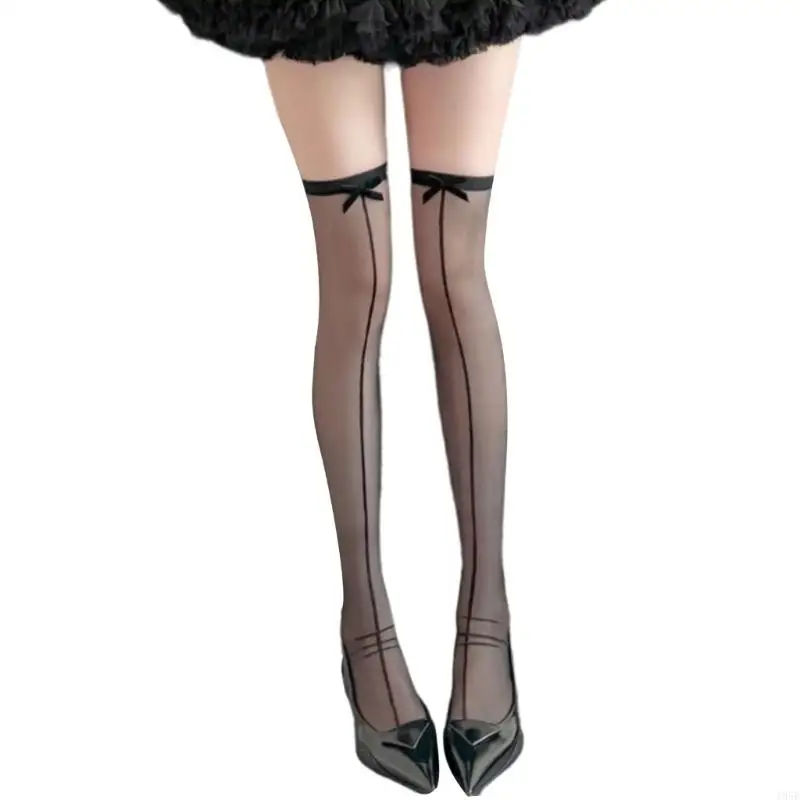 195E Phụ nữ Sheer đùi có đường may cao tất dài có nơ cho đồ lót bên hộp đêm