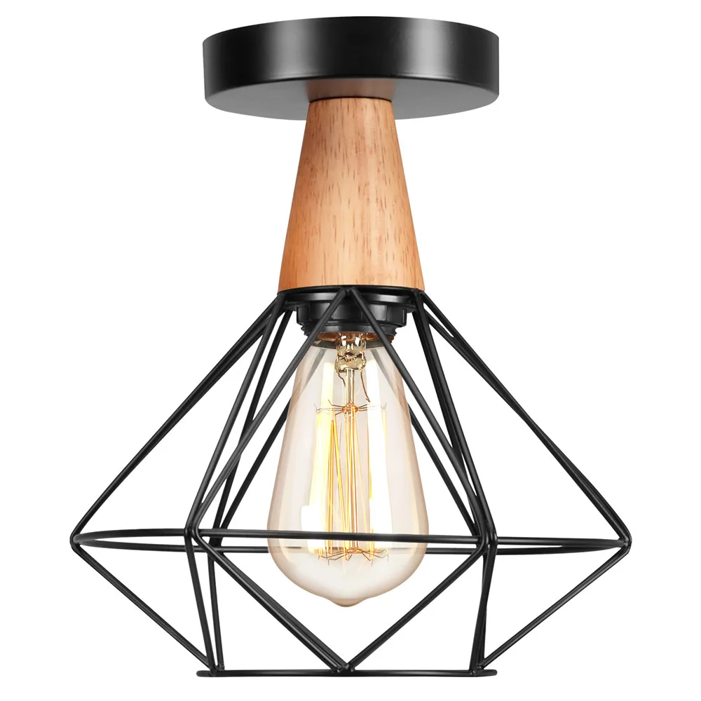 

Vintage Ceiling Light Wood Black Iron Lampshade Industrial E27 Pendant Light Grid Cage for Bathroom Kitchen Living Room Cofe Sho