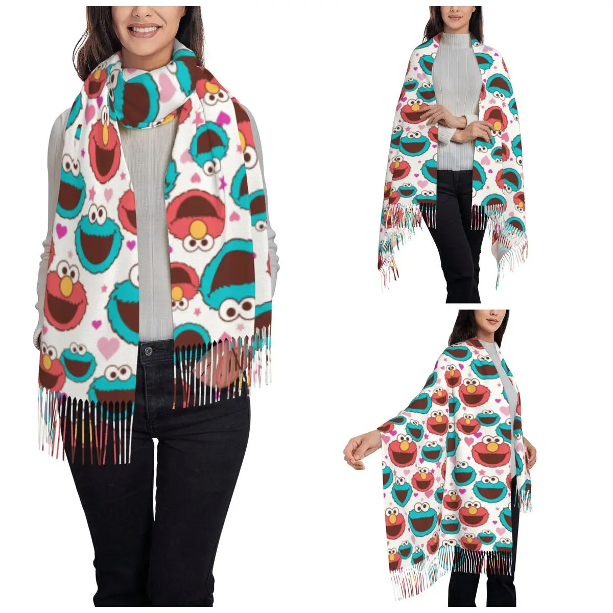 Elmo & Cookie Monster Peace & Love Scarf for Women Warm Winter Pashmina Shawls and Wrap Long Scarves with Tassel Daily Wear