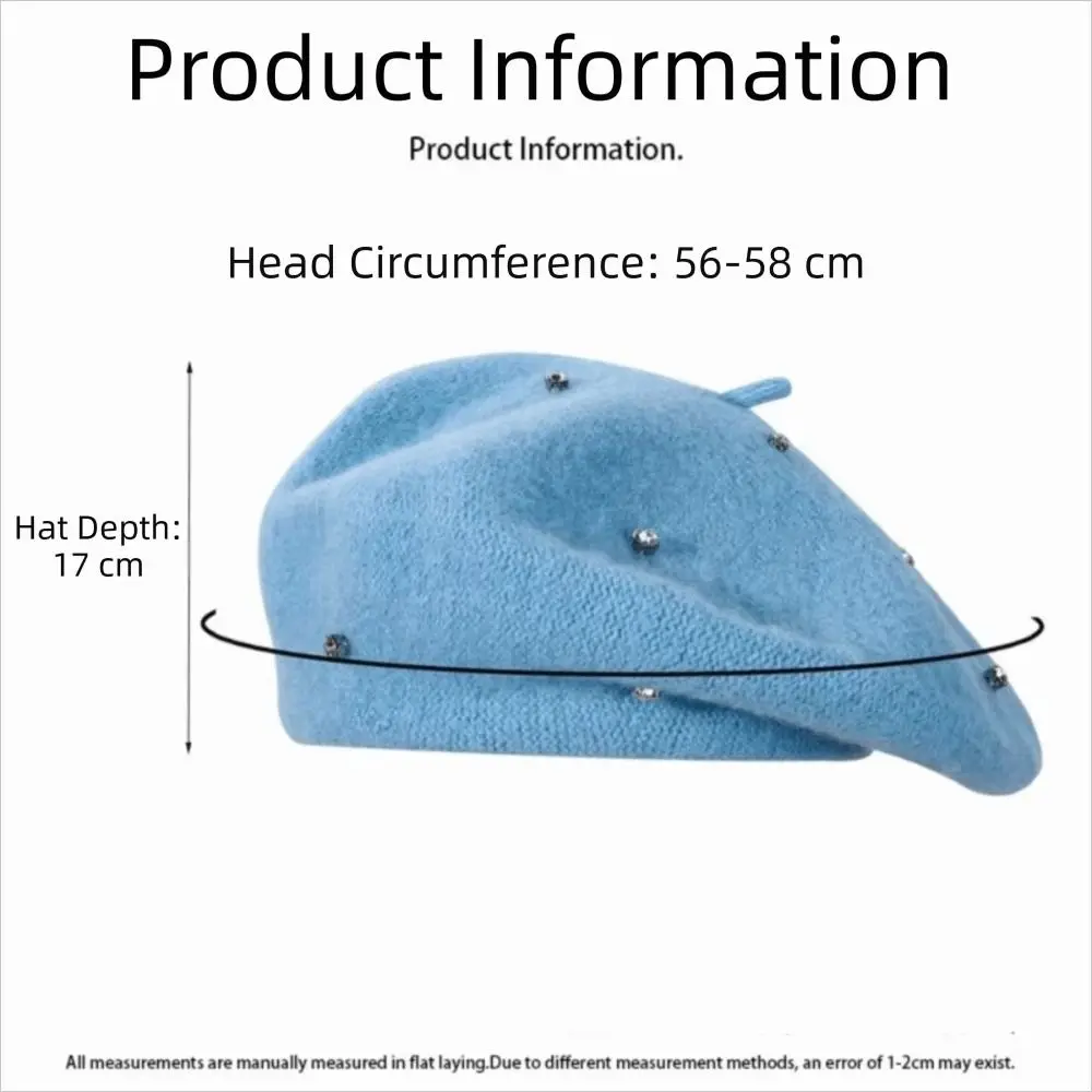 Sweet Starry Sky Rhinestones Beret Solid Color Knitted Wool Beret Warm Soft Artist Hat Women 6