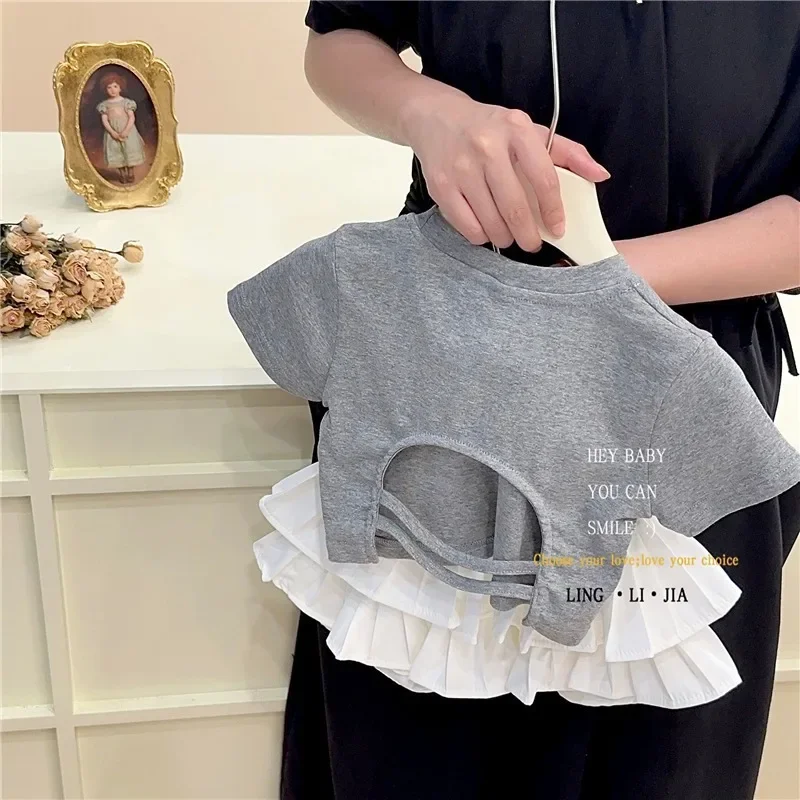 Girls Suit Backless T-shirt Suit 2024 Summer Dress Fashionable Ins Pleated Skirt Fluffy Cake Skirt Mini Skirt Two-stove Set