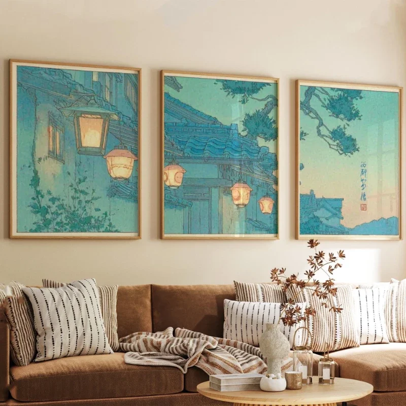 Multiple sizes 3pcs frameless Canvas Painting,3pcs Retro Tokyo Nightscape Lantern Posters Blue Green Tinted Street Scenes, Frame