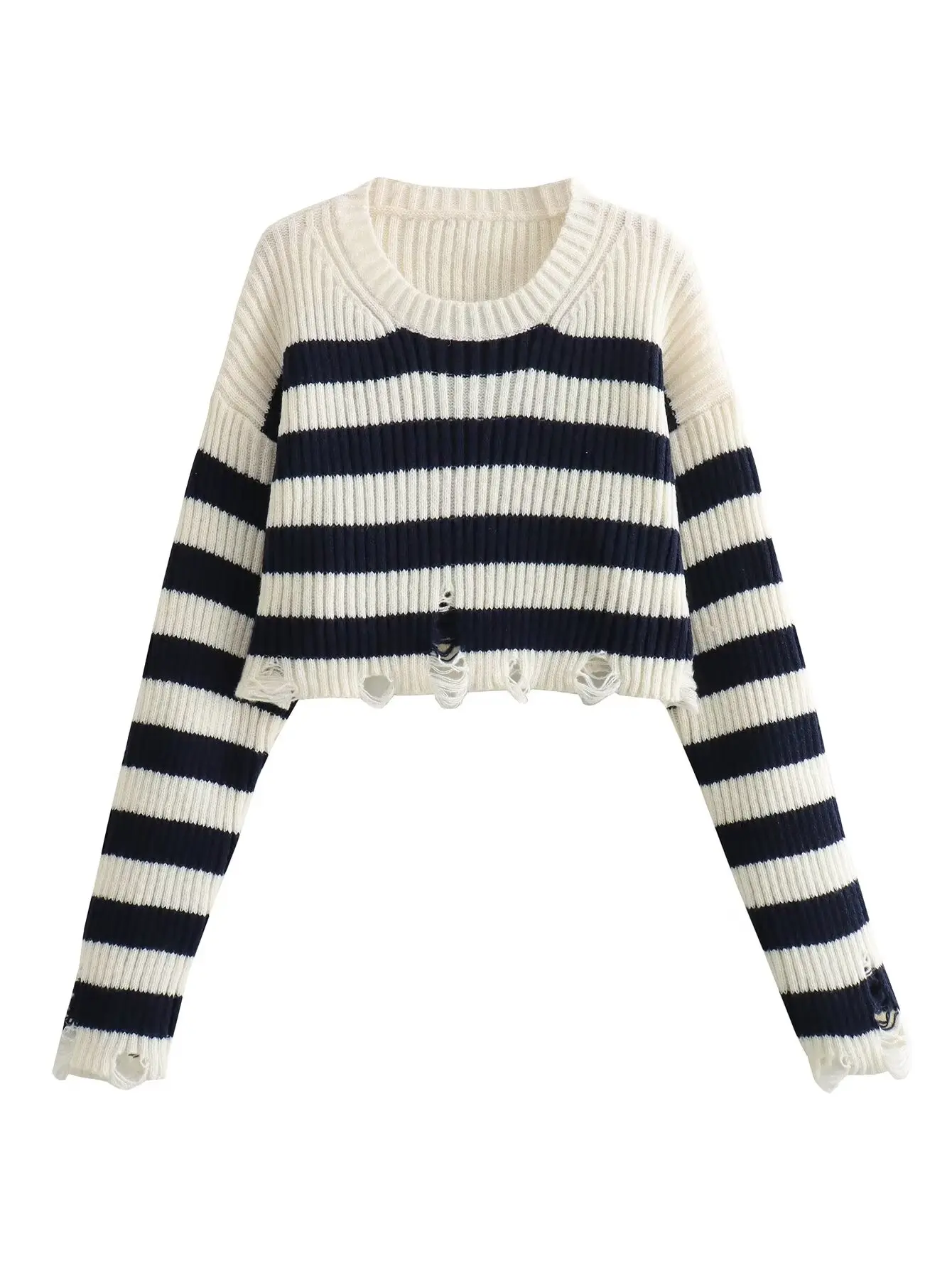 Women's Striped Sweater And Solid Color Sweater Ultra Short Long Sleeve Pullover Spring And Autumn Fashionable Sweaters