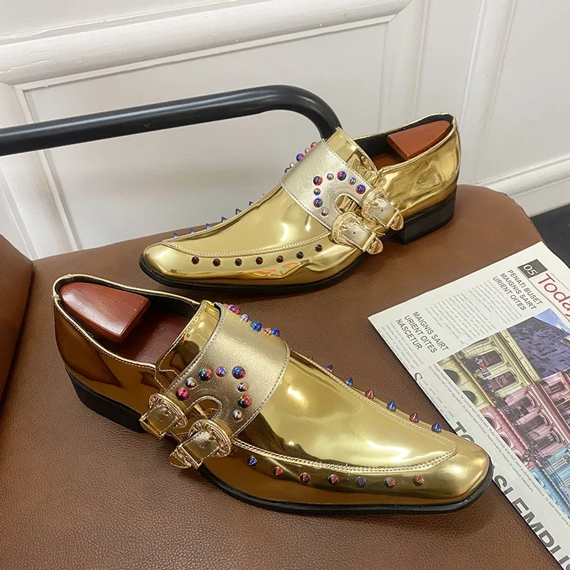 

New Gold Double Buckle Wedding Men Shoes Loafers Rivet Breathable Fashion Handmade Men's Business Shoes Size 35-46