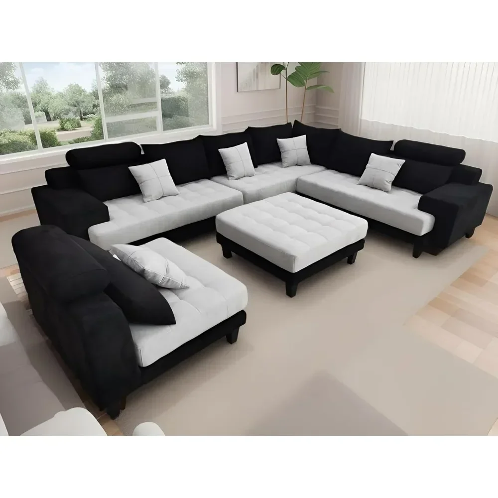 L Shape U Shape Reversible Microfiber Fabric Sectional Couch Sofa Set, 110-142