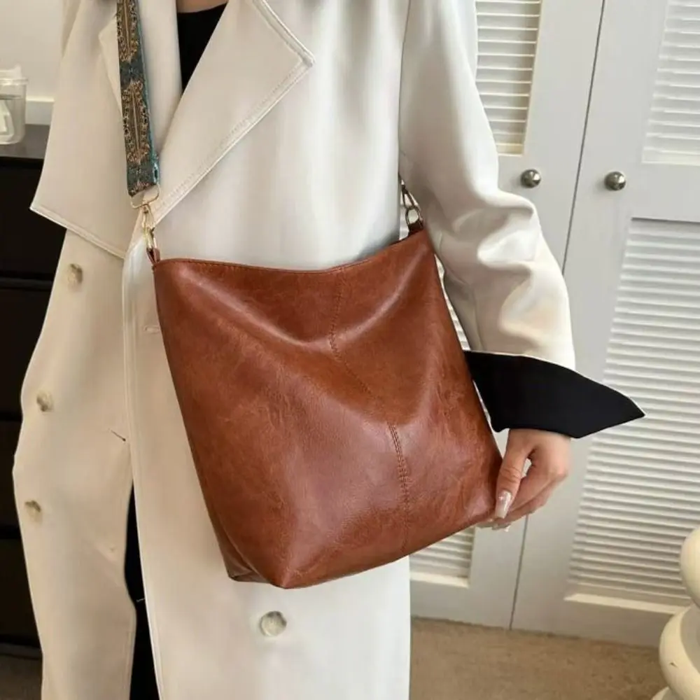 

Ins Elegant PU Leather Tote Bag Large Capacity Korean Style Vintage Shoulder Bag Handbag Zipper Bucket Bag Girls/Female