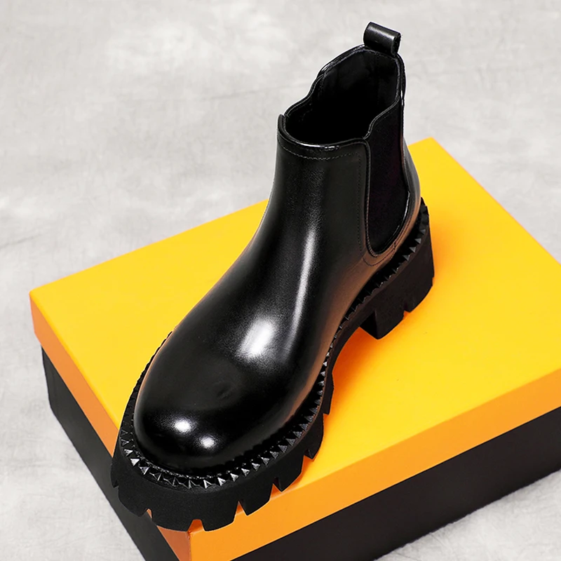 Fashion Genuine Leather Thick Sole Platform Boots Men Outdoor Hiking Work Casual Chelsea Riding Ankle Boots Male Shoes Youth