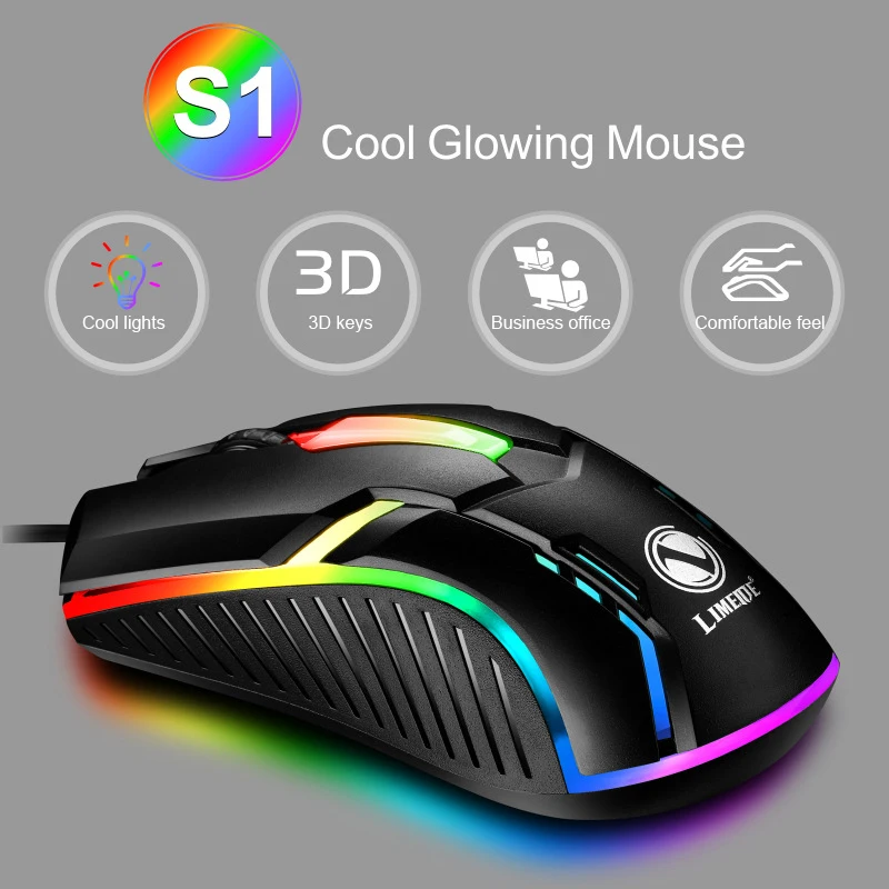 Limei S1 E Sports เม้าส์แบบมีสาย LED เรืองแสง backlit มีสาย USB สำหรับแล็ปท็อปปิดเสียงเมาส์เล่นเกมส์ในสำนักงาน