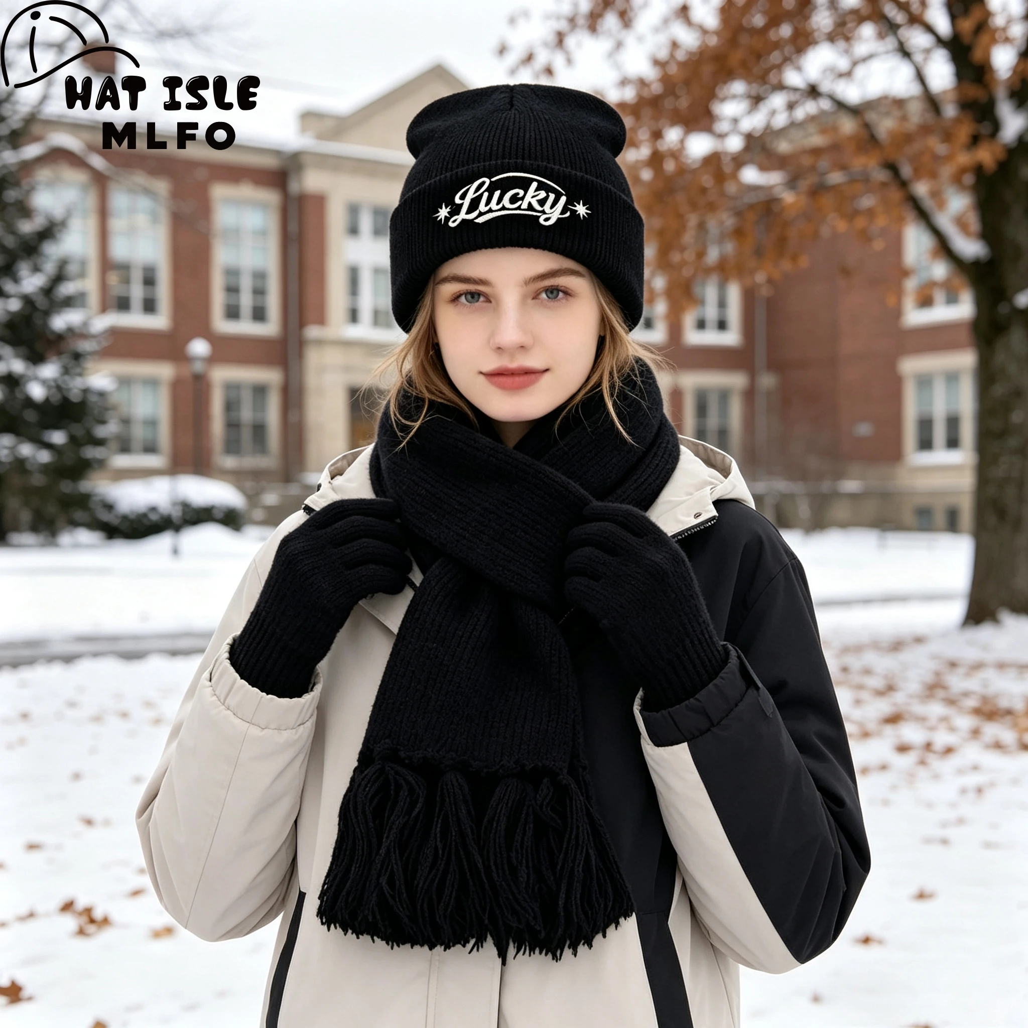 【3Pcs Knit Beanie Scarf Gloves Set】Adult Lucky Star Embroidery Knit Hat, Winter Outdoor, New Year Christmas Gift