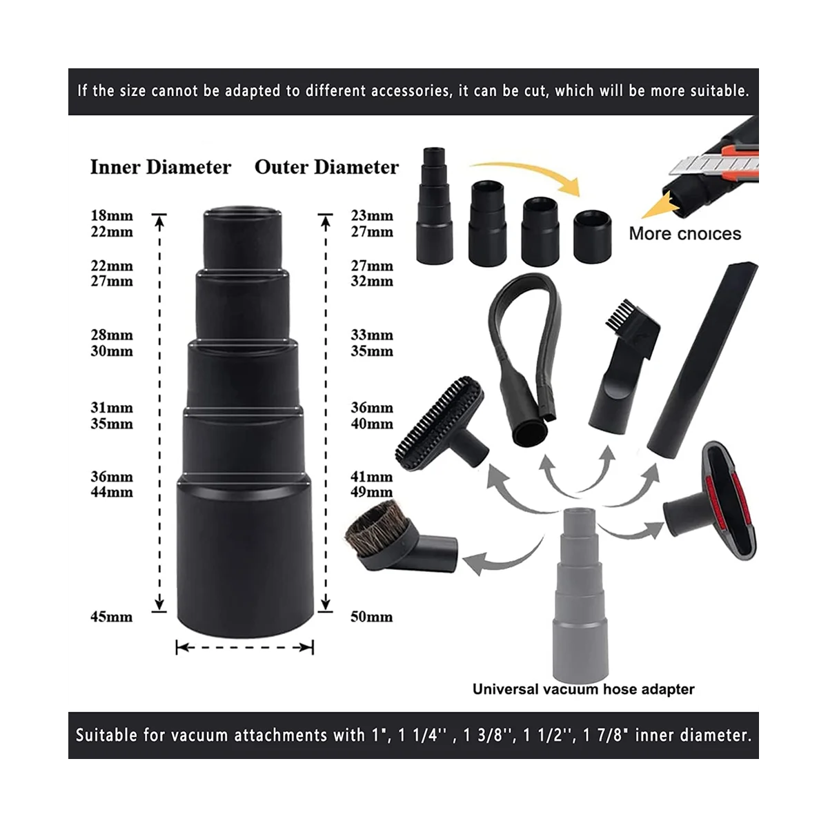 

12PCS Universal Vacuum Attachment Kit Wet Dry Plastic Vacuum Hose Adapter Extension Wand Flexible Crevice Tool Adapter