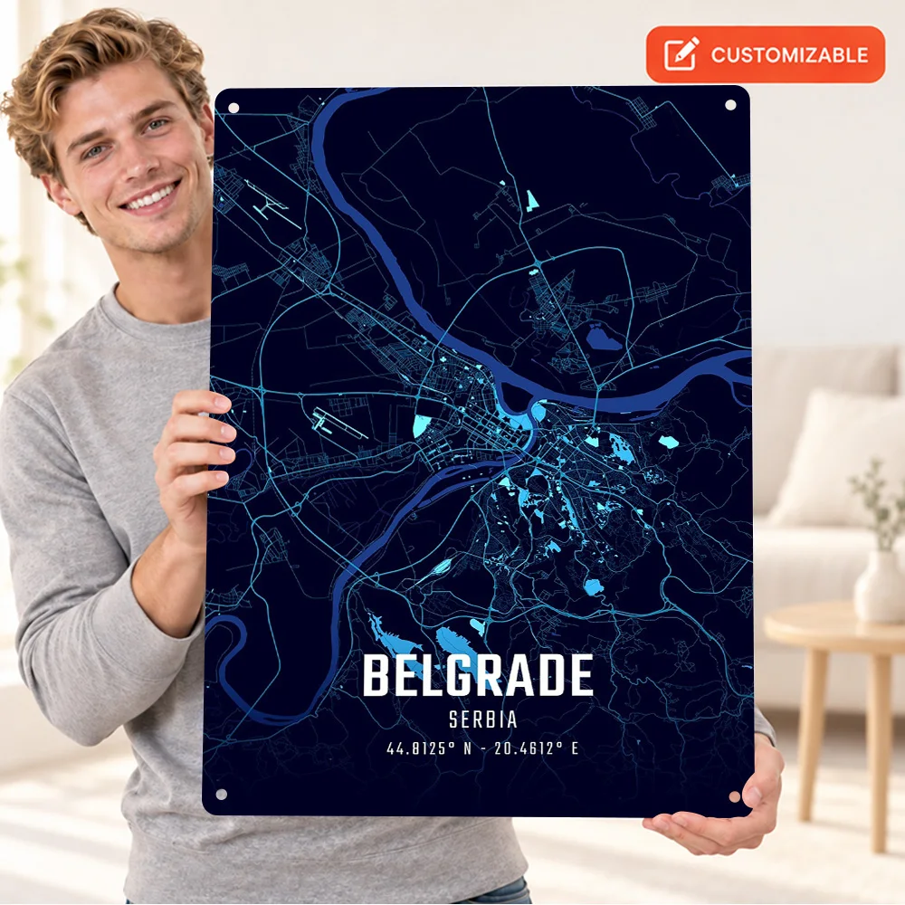 Belgrade Midnight City Map Printed Poster Retro Bold Design Entryway Wall Art Personalized Aluminum Metal Sign Wanderlust Gift