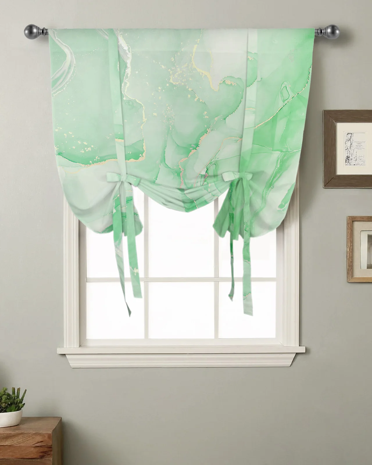 

Marble Texture Gradient Green Kitchen Short Window Curtain Rod Pocket Curtains Home Decor Small Window Roman Tie Up Curtains