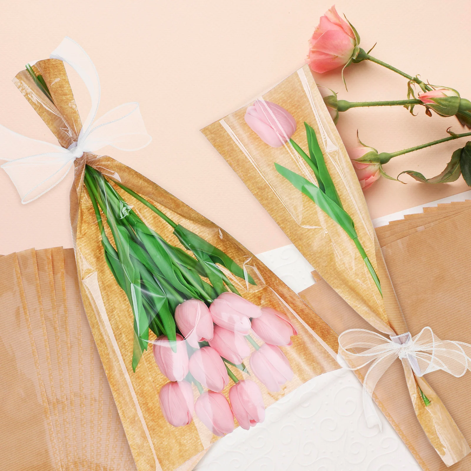 

1 set Kraft Paper Flower Wrapping Bags Transparent Design with Ribbons Bouquet Packaging Floral Sleeve for Wedding Party