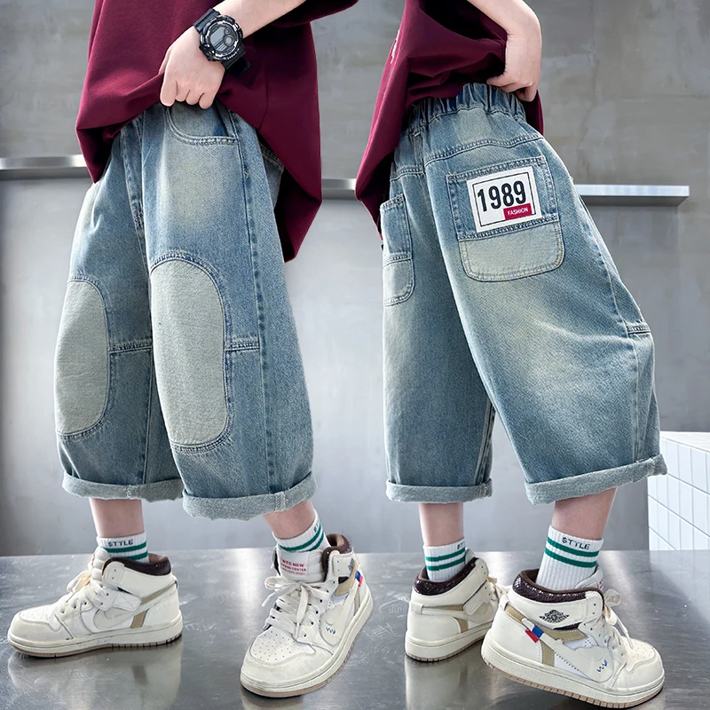 

Stylish Kids Summer Three-Quarter Jeans Pants For Teen Boy Casual Loose Straight Mid Calf Capris Children Patchwork Denim Shorts
