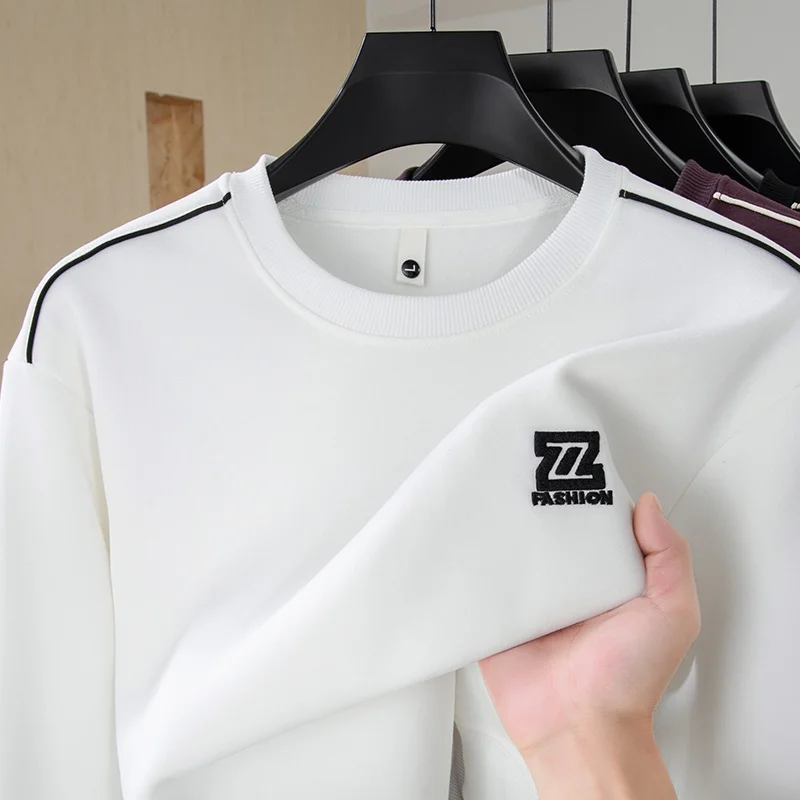 High End Quality Men's 100% Cotton T-Shirt Autumn New Solid Color Long Sleeve Embroideryed O-Neck Top Trend Exquisite Men's Wear