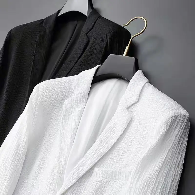 Spring Summer Fashion Cotton linen Suit Men Blazer Pants Pleats Long Sleeve Turndown Collar Jacket Drawstring Trousers