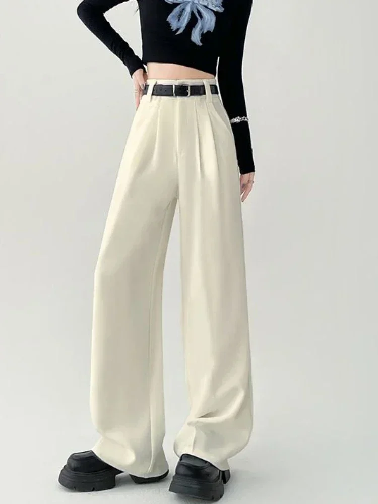 Casual High Waist Straight Trousers Women Loose Versatile Suit Wide Leg Pants Women Fashion Gift Belt Black Full Length Pants