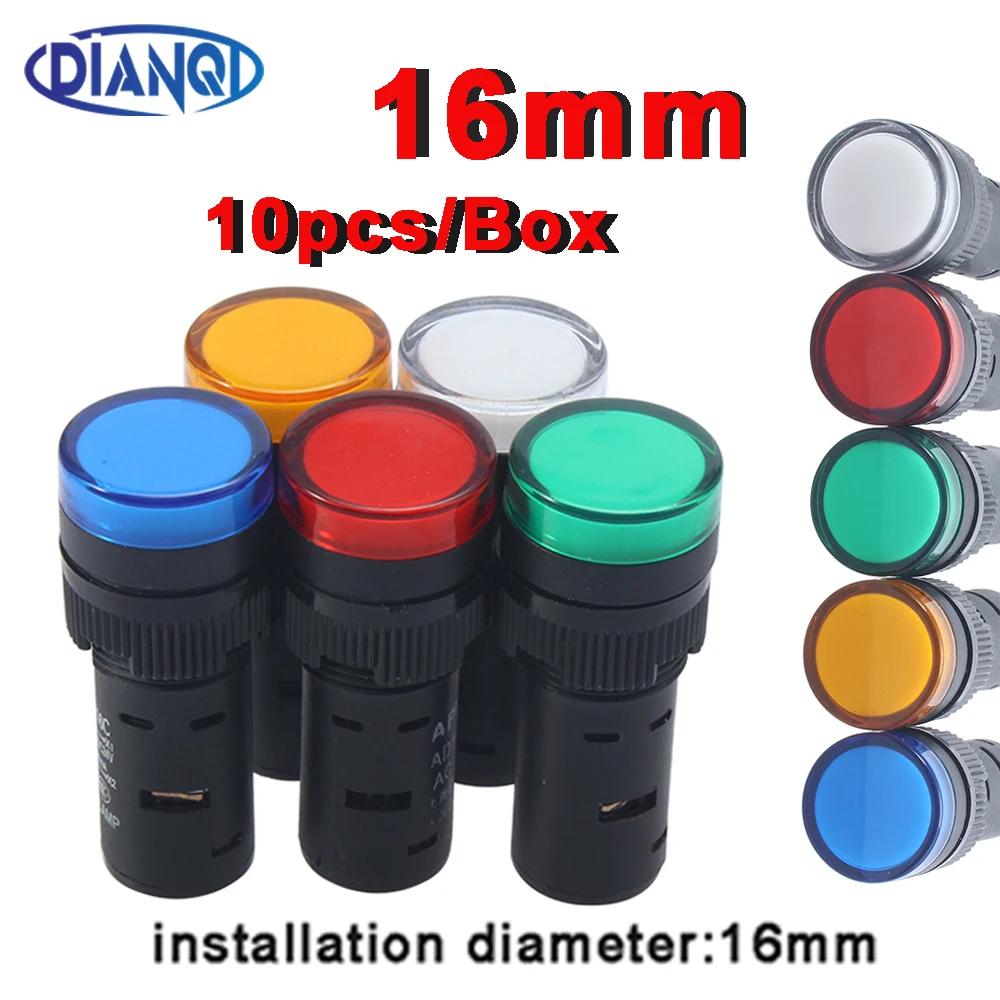

10pcs/lot Plastic Panel Mount Signal Power LED Indicator Lamp Diameter 16mm LED Signal Light 24V12V220V Red Green Yellow Blue