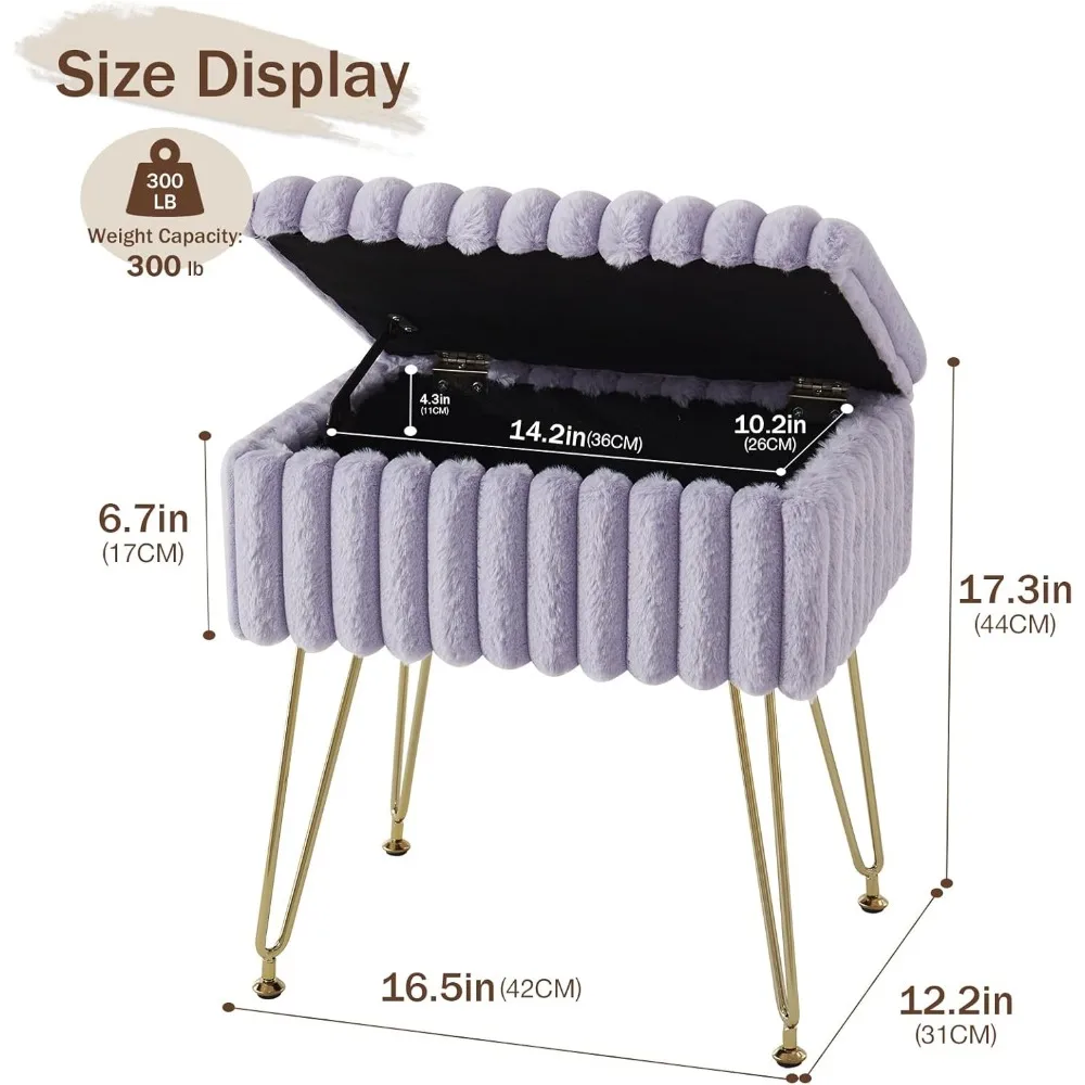 Pufa do przechowywania ze sztucznego futra ze złotymi nogami, fioletowy podnóżek do makijażu do salonu i sypialni