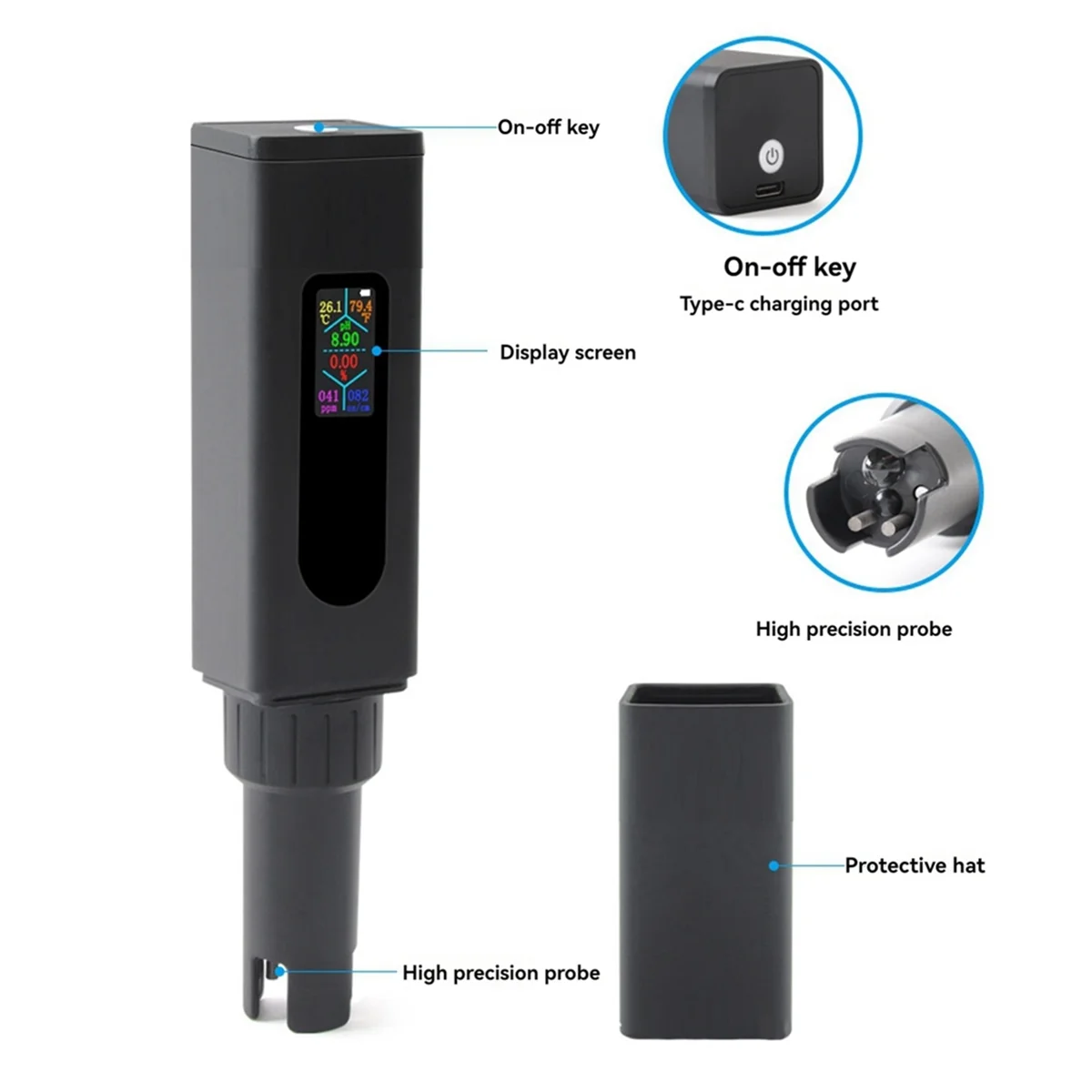 BISM Rechargeable 5 in 1 Salinity Meter PH Water Quality Tester Digital EC TDS TEMP Monitor for Aquarium, Hydroponics, Pool