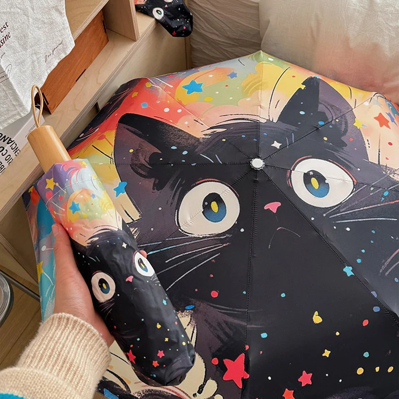 Paraguas con protección solar de gatito y estrella para mujer, paraguas meteorológico resistente a los rayos UV, paraguas plegable portátil automático