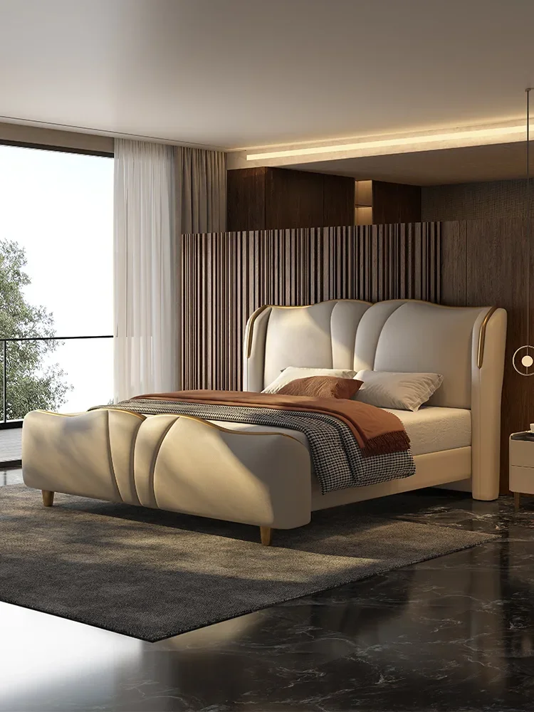 

Leather bed first layer cowhide Italian light luxury master bedroom double bed 1.8 meters large apartment villa