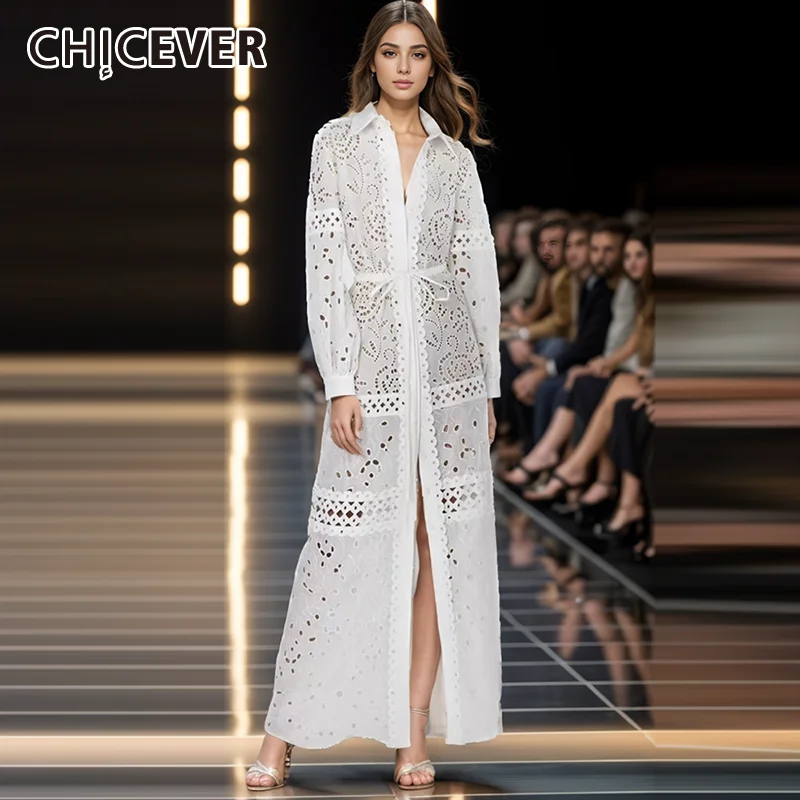 

CHICEVER Embroidery Long Dresses For Women Lapel Long Sleeve High Waist Hollow Out Spliced Lace Up Temperament Dress Female New