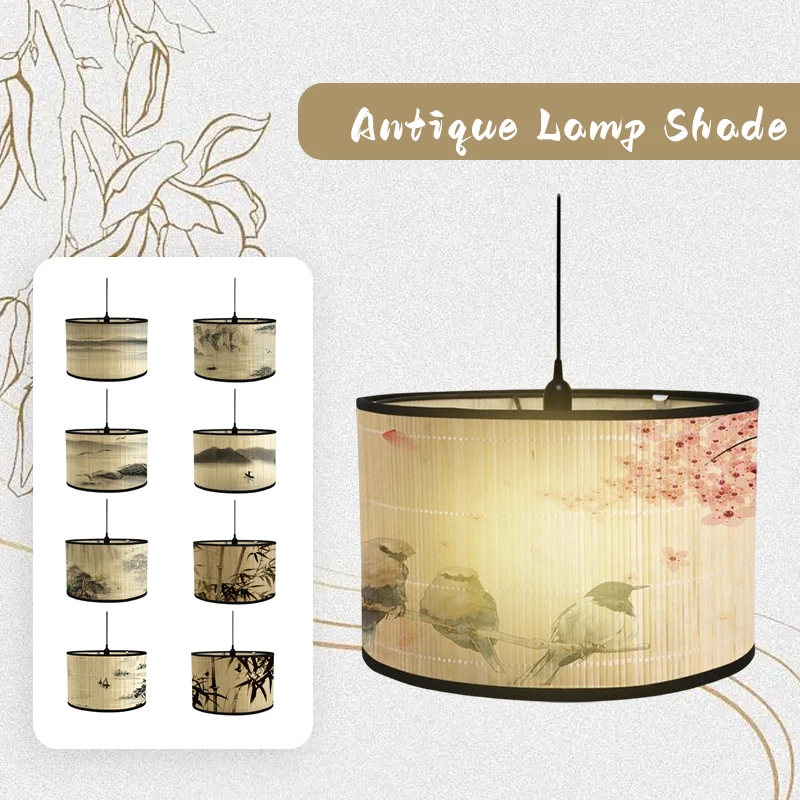 Retro Style Bamboo Lampshade Landscape Painting Abstract Light Cover Chandelier Room Hotel Homestay Decor Art Light Shade Crafts