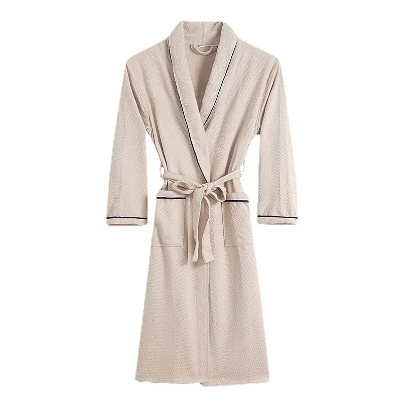 Female Long Kimono Bathrobe Gown Spring Autumn Waffle Cotton Robe Sleepwe Loose Casual Home Dress Loungewear with Pockets