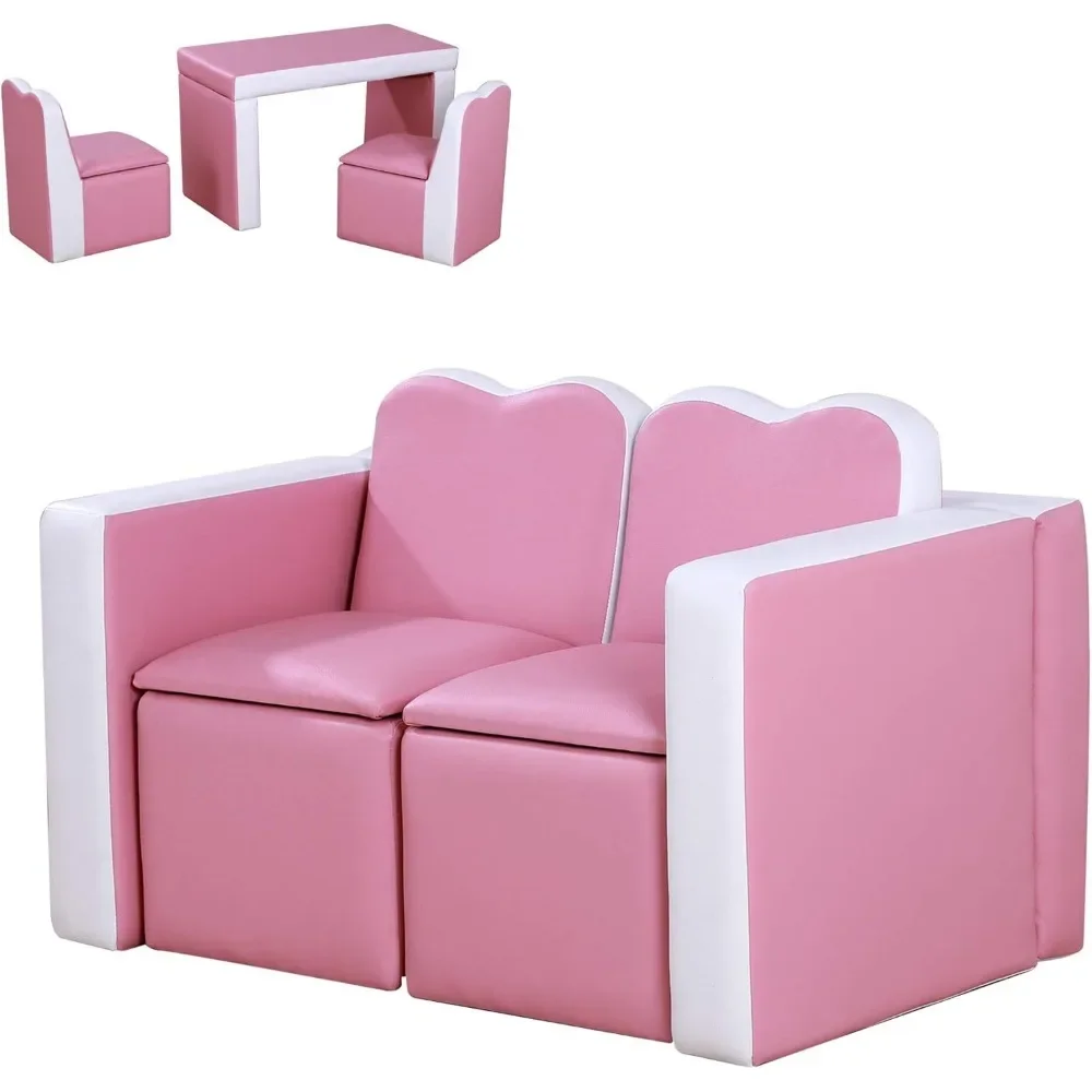 Kids Sofa Set 2-in-1 Multi-Functional Toddler Table Chair Set 2 Seat Couch Storage Box Soft Sturdy Pink