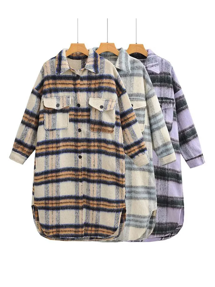 

HH Woman Winter Fashion Long Sleeves Lapel Single Breasted Pockets Decoration Woolen Long Coat Female Commuting Warm Plaid Coat