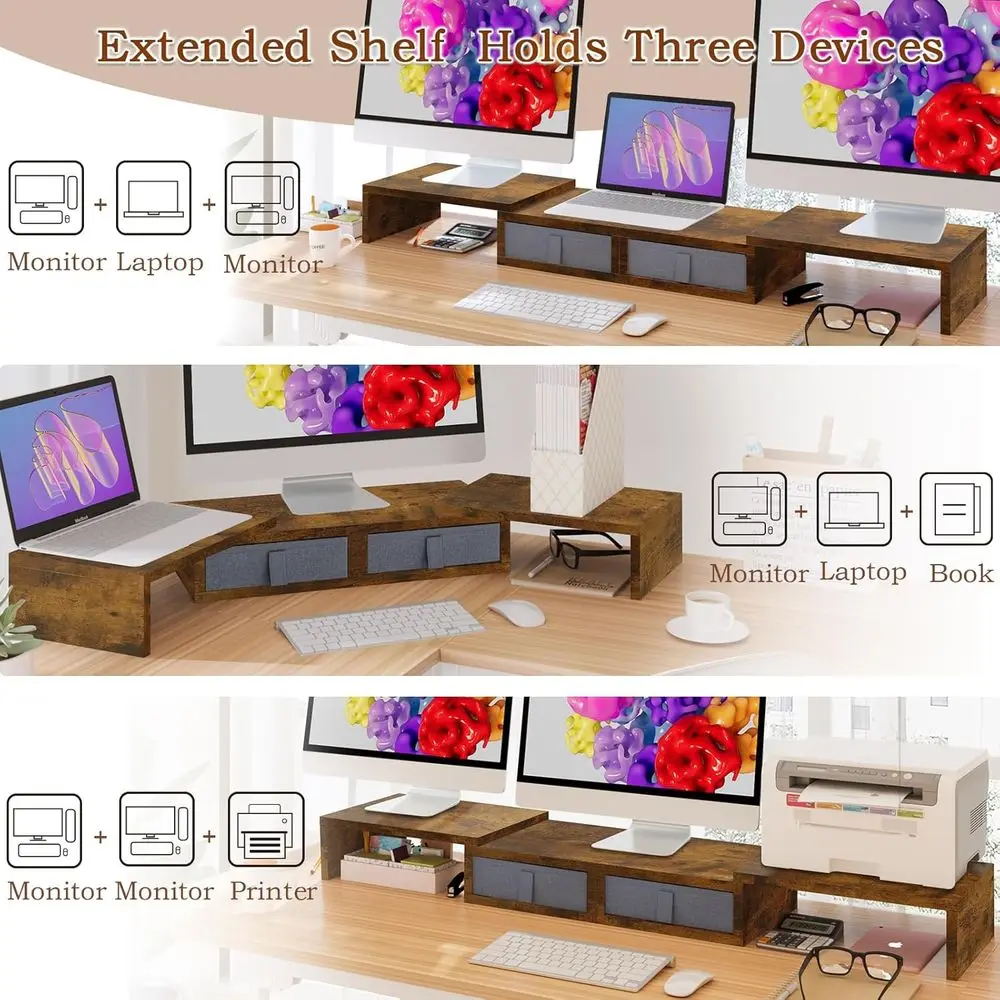 Adjustable Dual Monitor Stand with Storage Drawers, White Desk Organizer for 2 Screens/Laptops, Wood TV Stand (Brown)