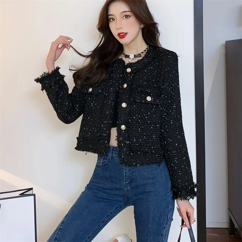 

2025 New Autumn Short Korean Tweed Jacket Women High quality Long Sleeve Small Chic Female Elegant Woolen Coat woman Tops