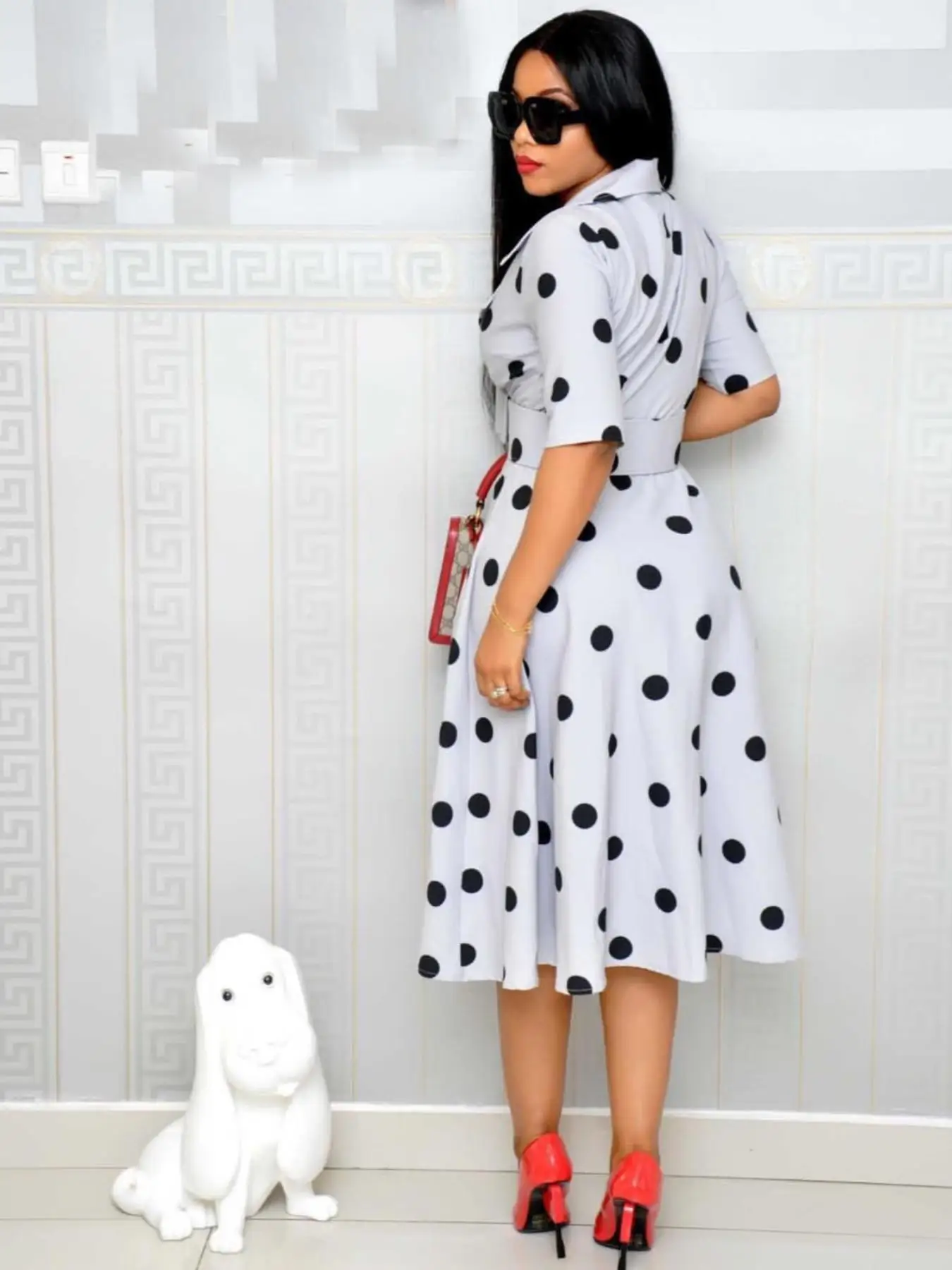 2026 Spring/Summer New Women's Dress Suit Collar Point Collection Mid Sleeve Splicing Large Swing Wide Belt Dress