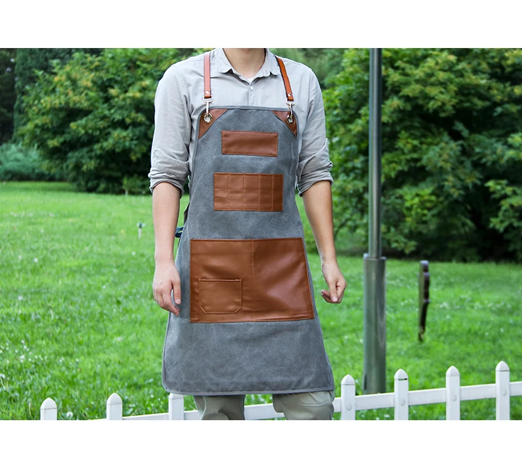 European Restaurant Barber Floral Artist Kitchen Men and Women Overalls Coffee Shop Custom Logo Nail Chef Leather Pockets Apron