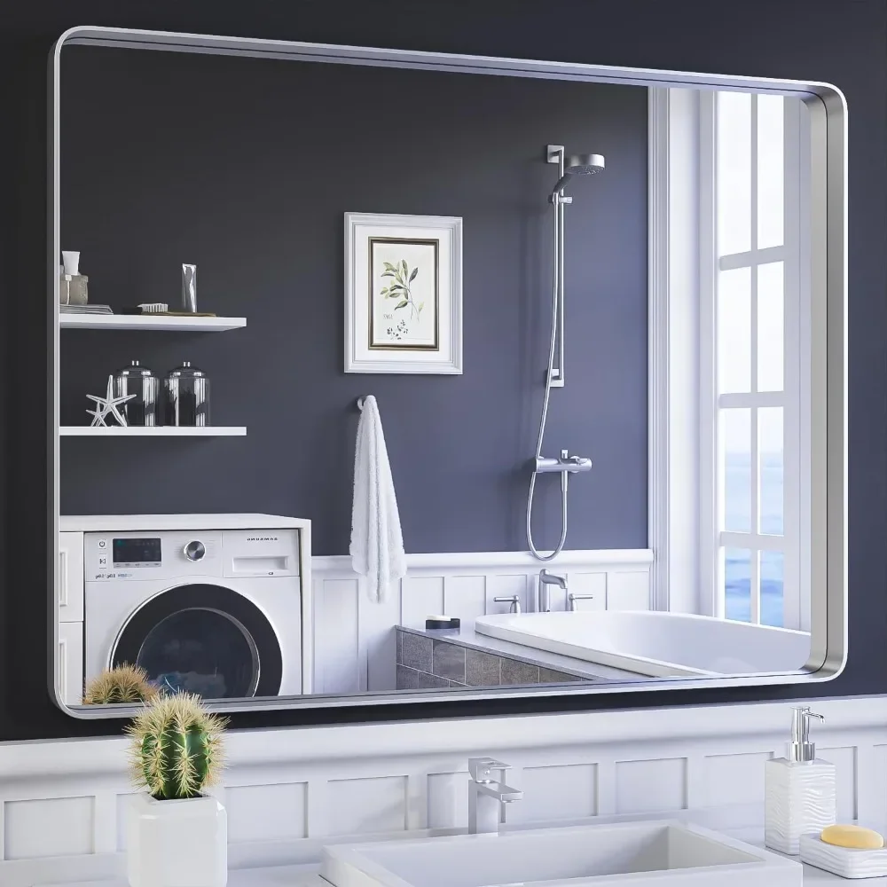 

Metal Silver Frame Bathroom mirrors, 48 x 36 Inch Stainless Steel Vanity Mirror No Rusting Aluminum Alloy