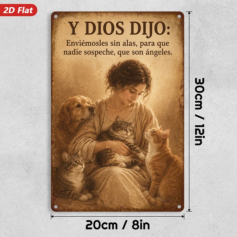 2D Flat, 1pc Pet Angel Metal Sign Wall Art, Spanish Angels Quote, Gentle Woman, Golden Dog, Tabby Cats, Rustic Painting,