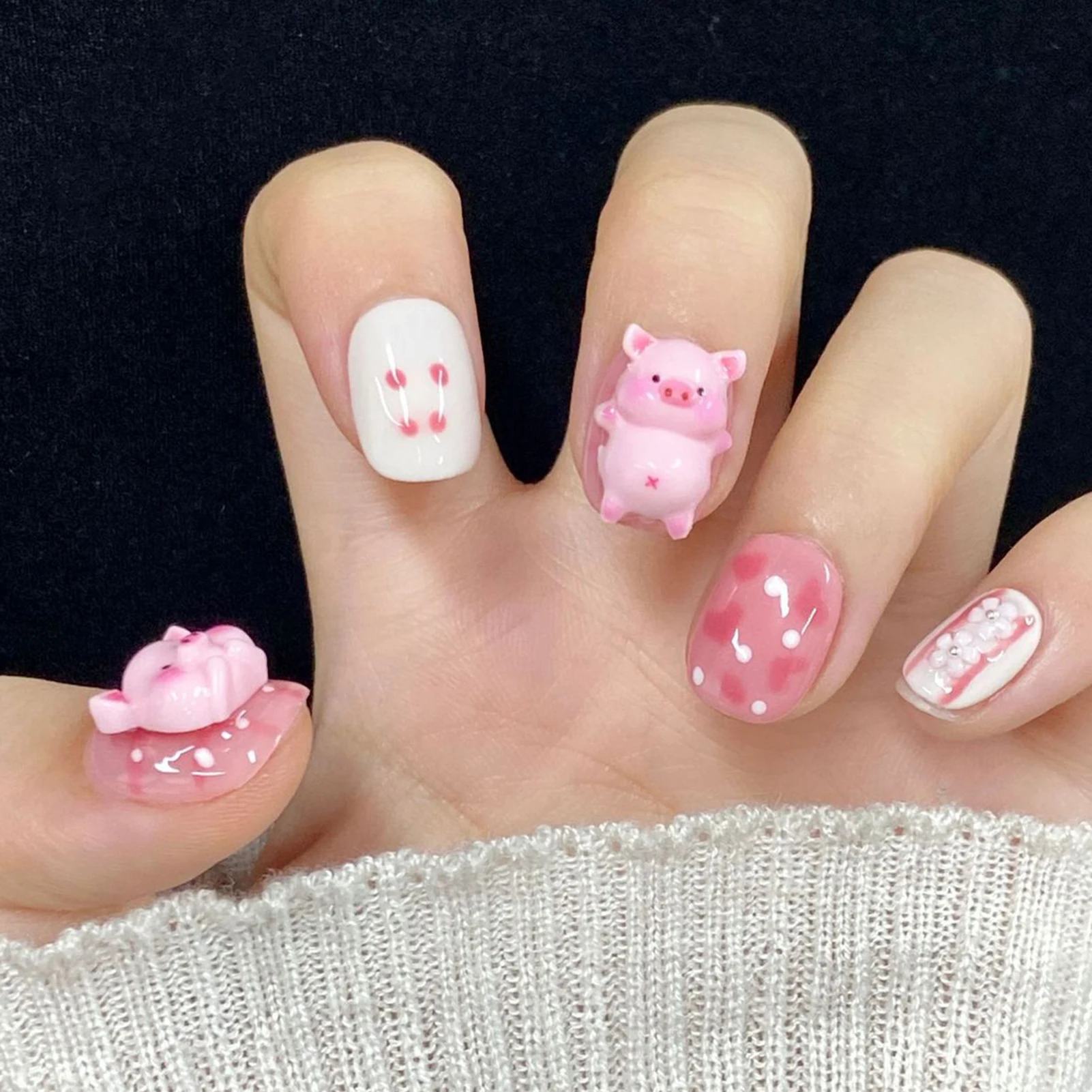 Cute Pink Pig Press On Nails 3D Bowknot Love Heart Decortations Handmade False Nails Full Cover Wearable Manicure Summer Nails