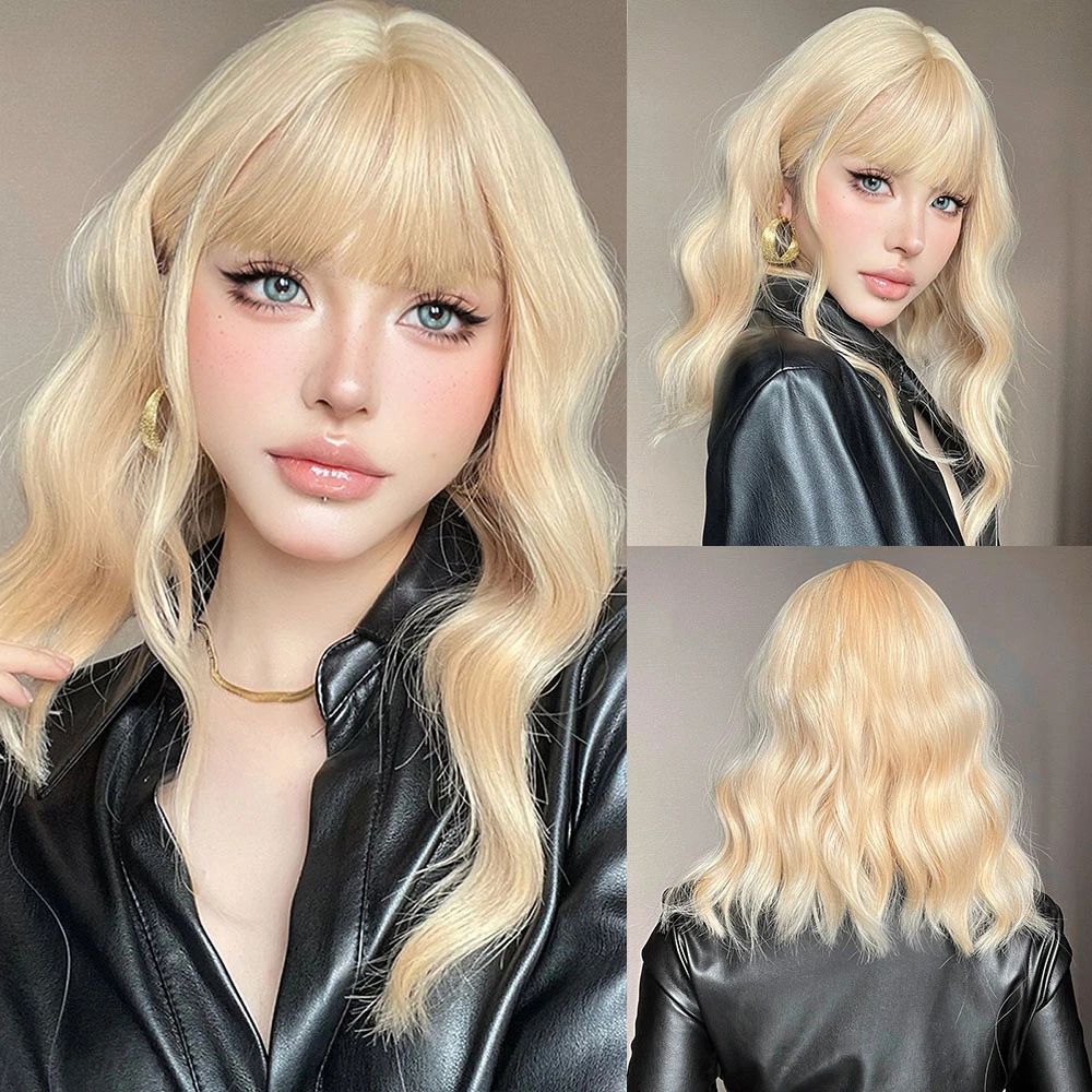 

Light Blonde Bob Wave Synthetic Short Ginger Yellow Hair Bangs Women Natural Lolita Daily Party Wi