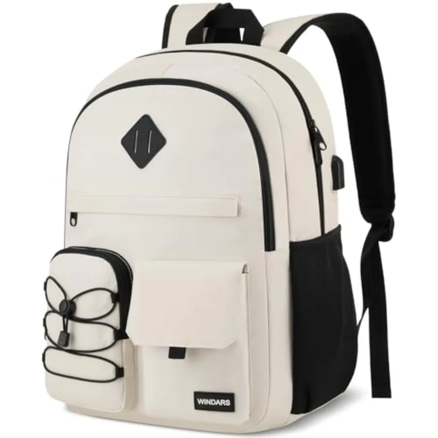 

School Backpack for Women College Bookbag Teen Girls Laptop Bacpack Cute School Bag with USB Port for Students Beige