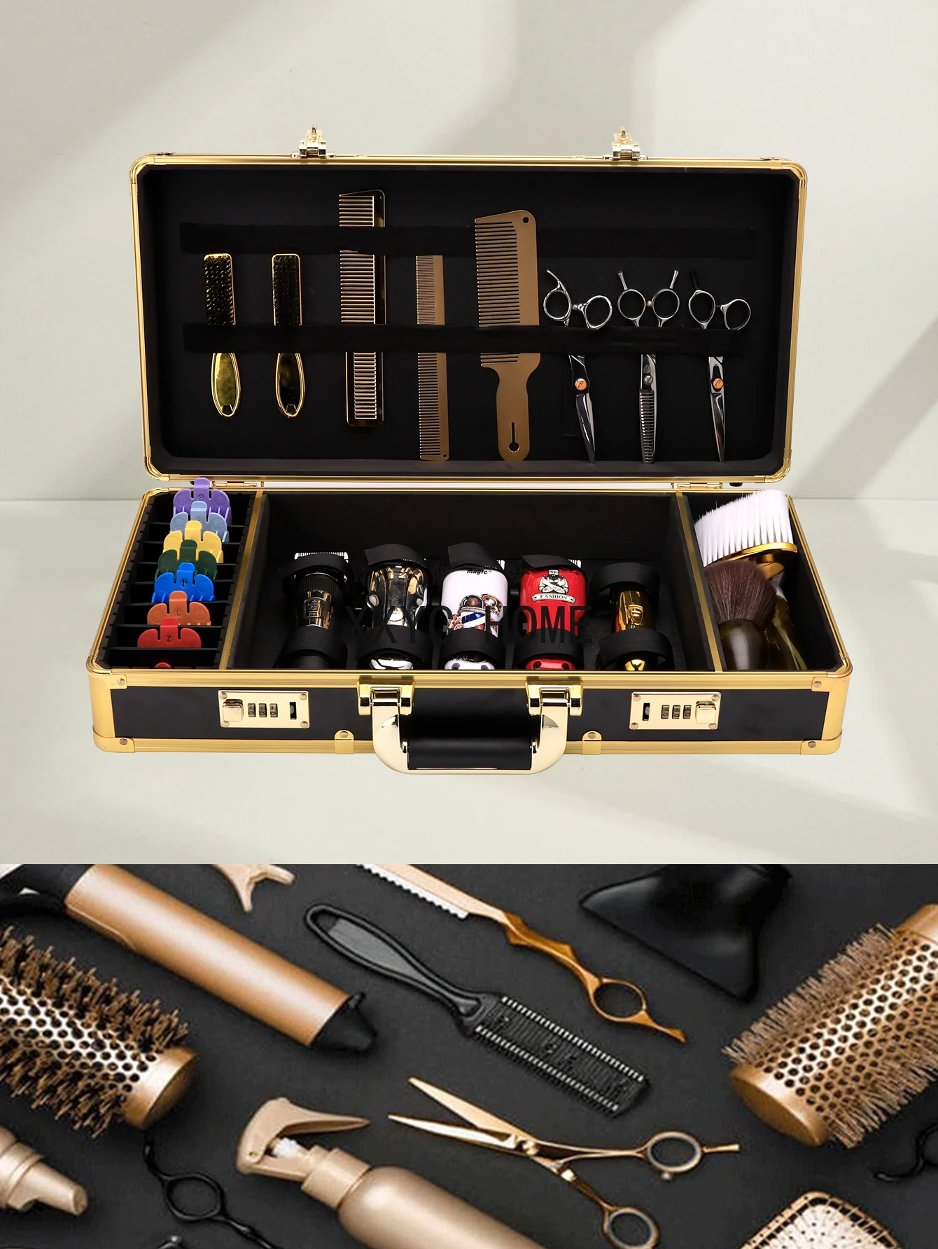 

Barber Aluminum Case Professional Hairdressing Toolbox With 6 Hair Accessories Haircut Tools Set Large Capacity Suitcase