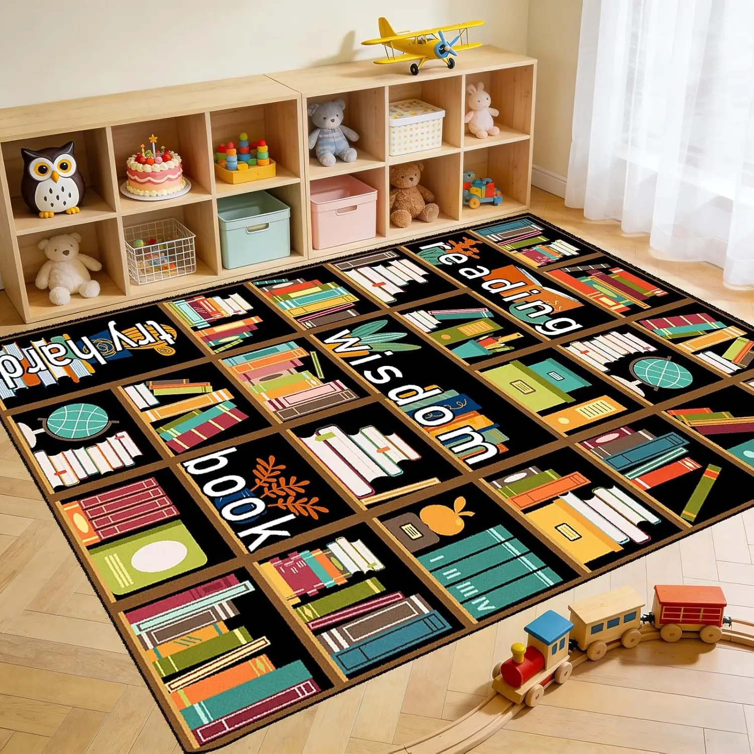Library Bookshelf Reading Nook Rugs 5x7ft Shed Resistant Classroom Non Slip Carpet Anti Fray Black Edges Kids Educational Readin