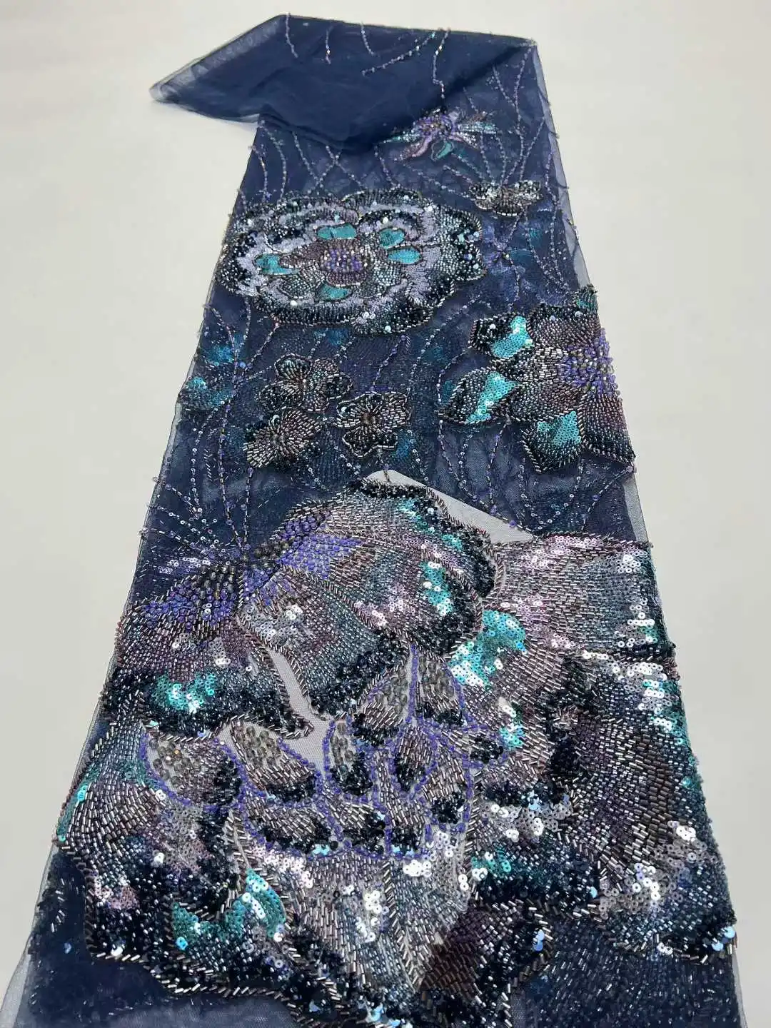 

Bule Luxurious African Groom Sequins Lace Fabric High Quality 2026 Heavy Beads Embroidery French Tulle Lace For Wedding Dresses