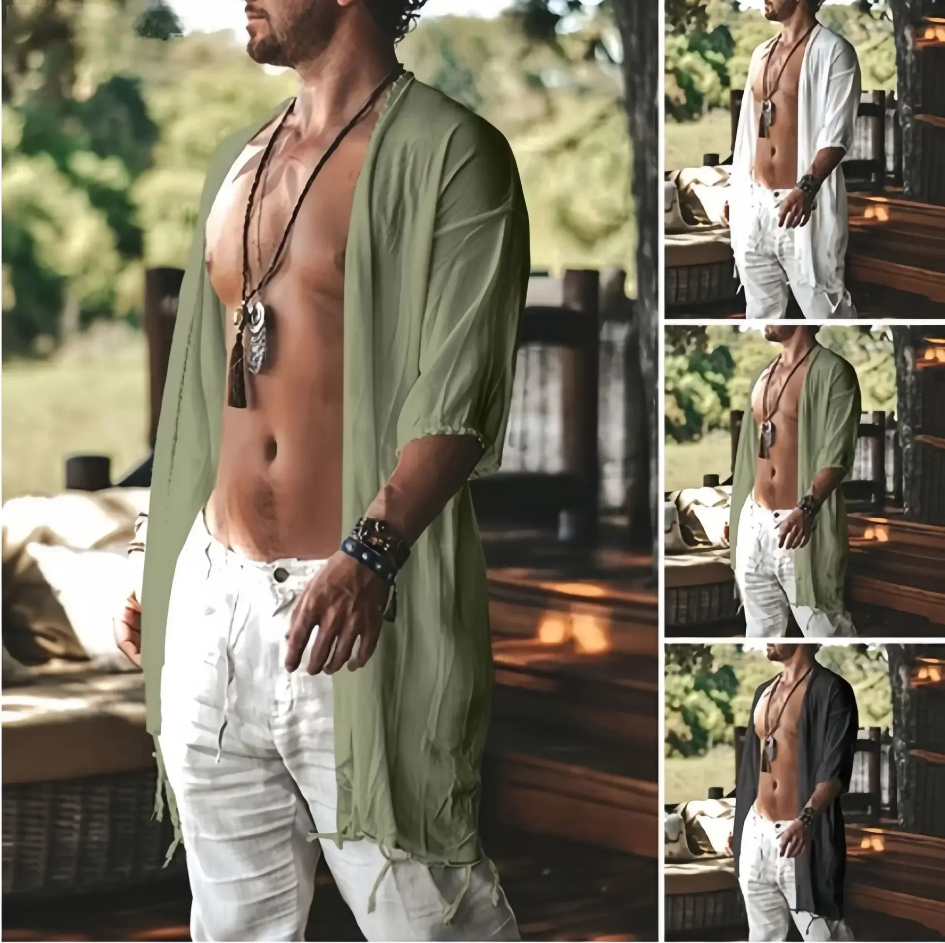 

Summer Casual Men's Tulum Holiday Light Weight Open Cardigan Beach Trim Sun Protection Clothing Loose Fit Cross-Border