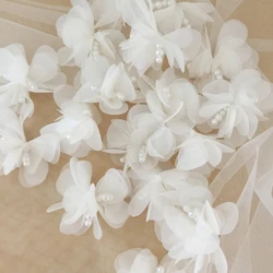 5Pcs Lace Flowers Patches White Flower Pearls Beading Repair For Wedding Dress