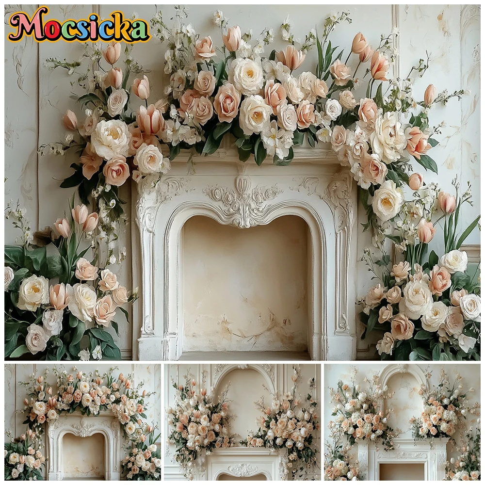 

Mocsicka Wedding Photography Background Kid Birthday Party Portrait Backdrop Beige Fireplace Flower Decor Photo Studio Wallpaper