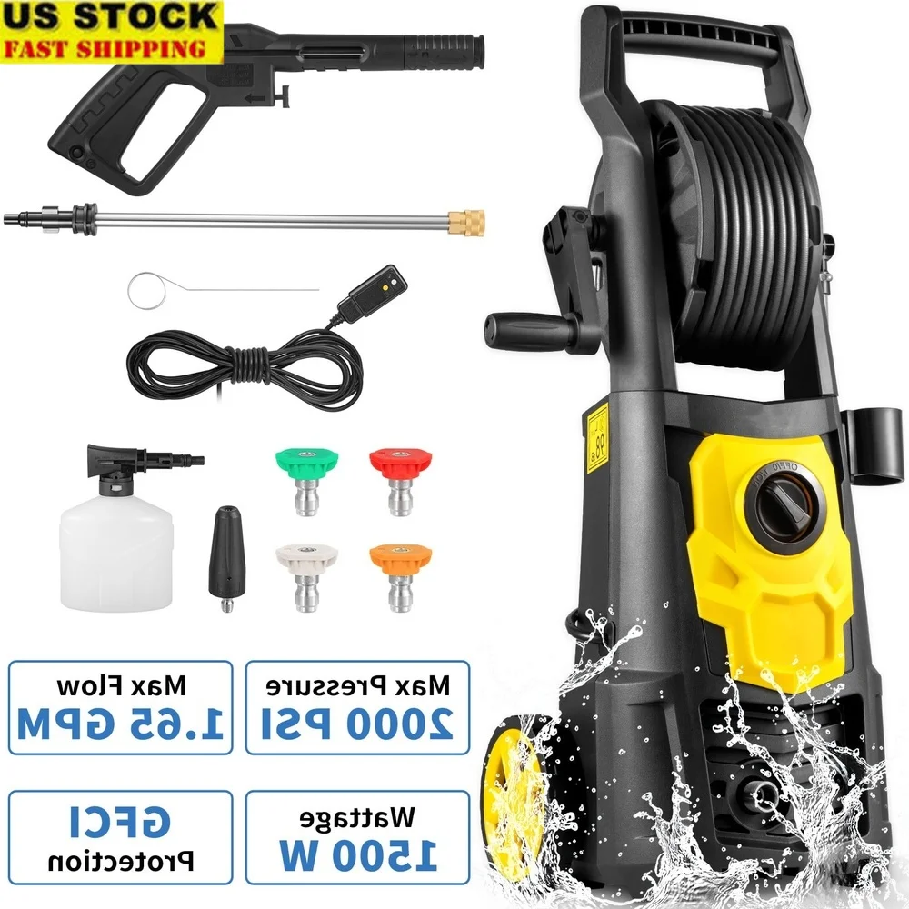 

Electric Pressure Washer 2000 PSI 1.65 GPM High Power Cleaner with Hose Reel 5 Nozzles Home Patio Car Cleaning