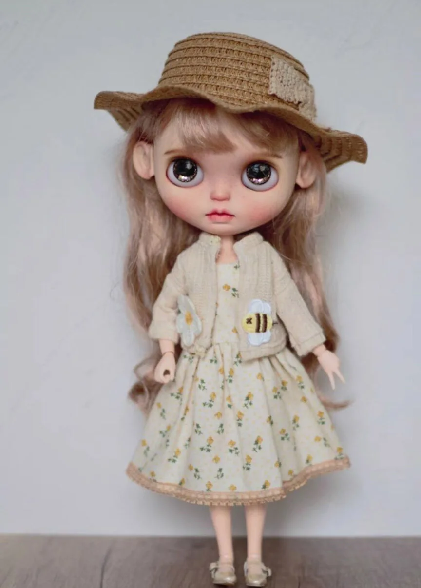 4PCS Retro countryside blythe doll outfit  Hat, floral dress, knitted jacket, socks 1/6 30cm(Fit for Pullip,Ob22/24/26, Licca)