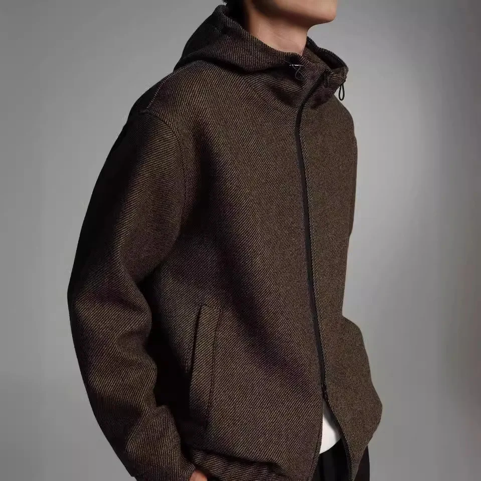 

Мужское осенне-зимнее пальто из смесовой шерсти с капюшоном, двубортное, свободного кроя, с длинными рукавами, из одностороннего твида